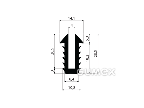 "U" Gummiprofil, 23,5x14,1/4mm, 60°ShA, EPDM, -40°C/+100°C, schwarz, 